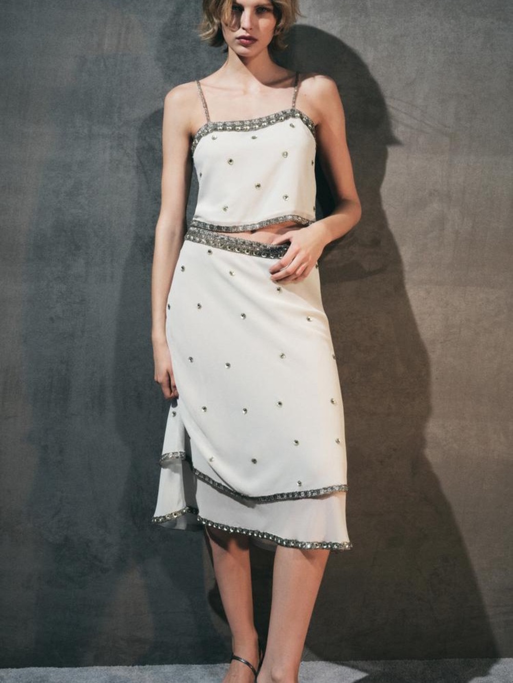 White Midi Skirt with Silver Embellished Trim - Picture 2 of 8